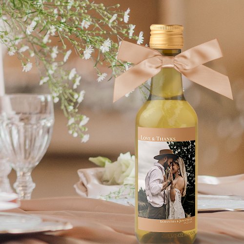 Love  Thanks Golden Tan Wedding Photo Mini Wine Label