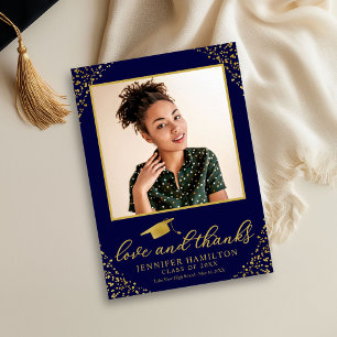 Love & Thanks Graduation Cap Gold Foil On Blue Invitation