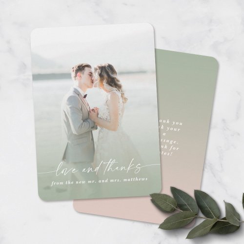 Love  Thanks Green  Pink Wedding Photo Overlay Thank You Card