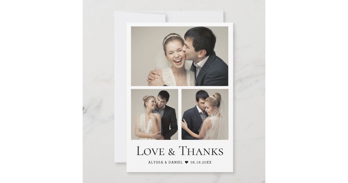 Love & Thanks Heart Modern Wedding Photo Collage Thank You Card | Zazzle