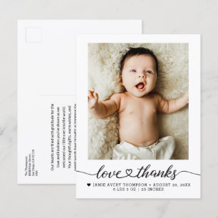 Love Thanks heart script Baby Photo Birth Postcard