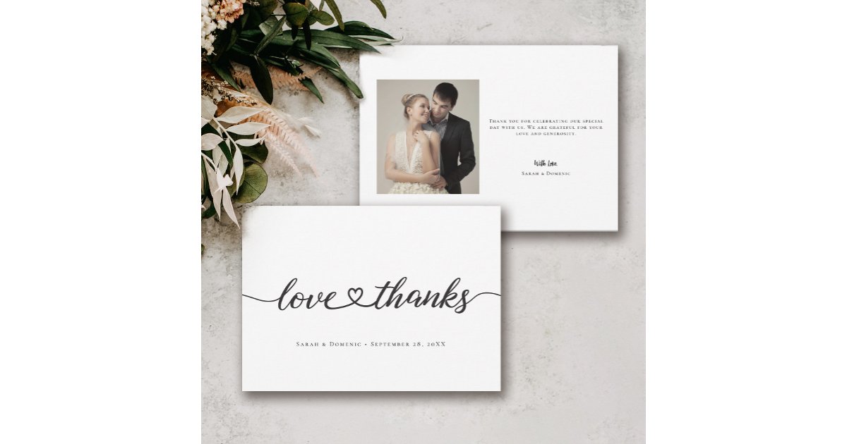 Love & Thanks Heart Script Wedding Photo Modern Thank You Card | Zazzle