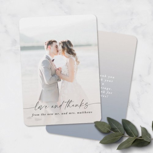 Love  Thanks Ivory  Blue Wedding Photo Overlay Thank You Card
