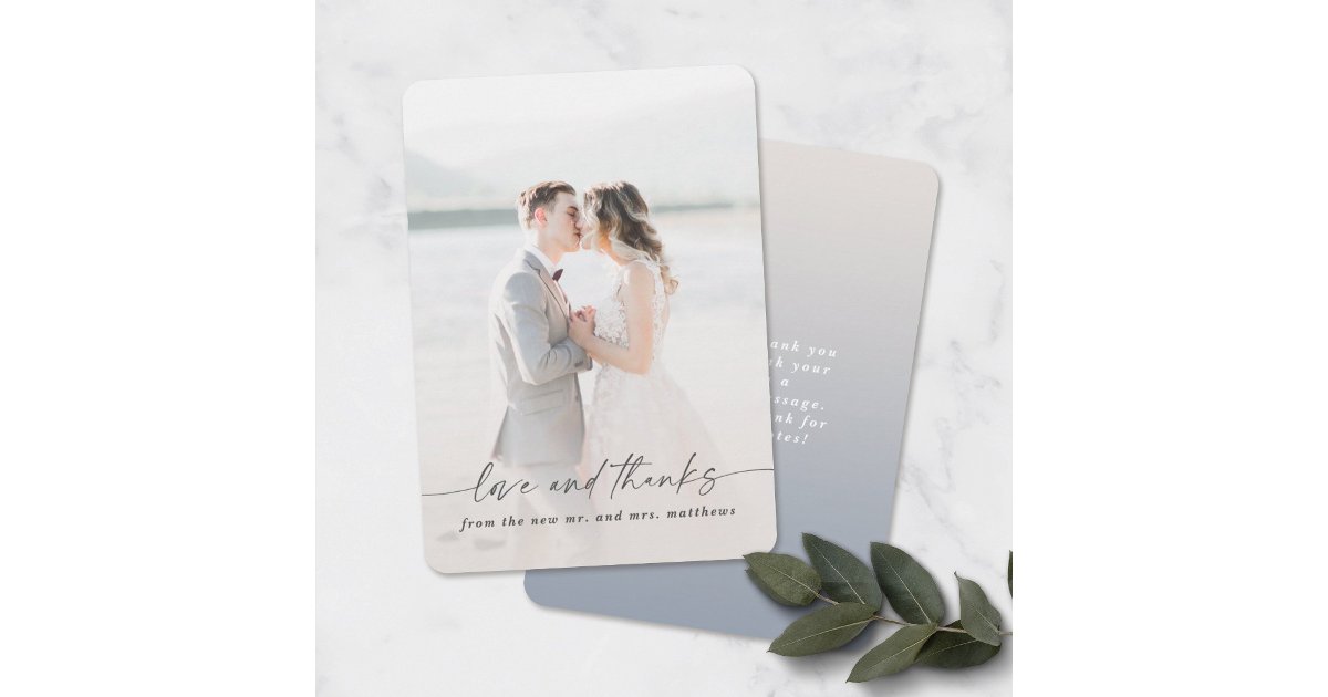Love & Thanks Ivory & Blue Wedding Photo Overlay Thank You Card | Zazzle