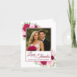 Love & Thanks Magenta Pink Roses Wedding Photo  Letterpress Thank You Card