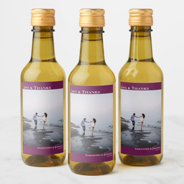 Love Thanks Magenta Plum Simple Wedding Photo Mini Wine Label (Bottles)