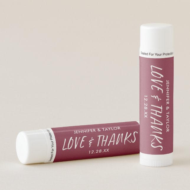 Love & Thanks | Maroon Wedding Favors Lip Balm (Front)