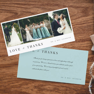 Love & Thanks Minimal 3 Photo Collage Wedding Thank You Card