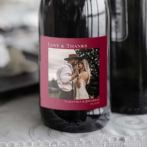 Love  Thanks Minimal Cranberry Red Photo Wedding Sparkling Wine Label