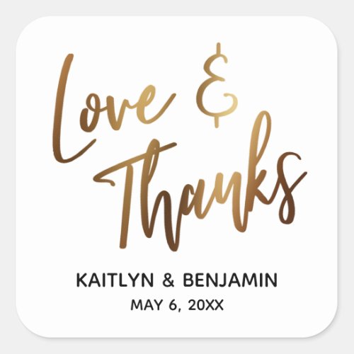 Love  Thanks Minimal Gold Handwriting Typography Square Sticker