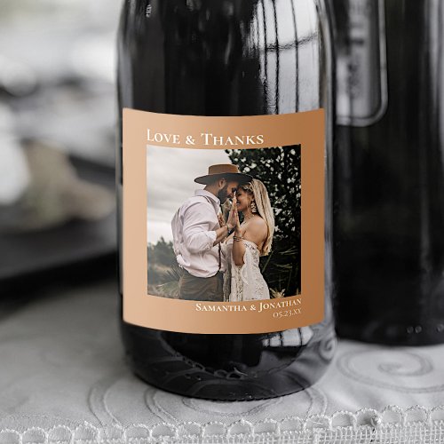 Love  Thanks Minimal Golden Tan Photo Wedding Sparkling Wine Label