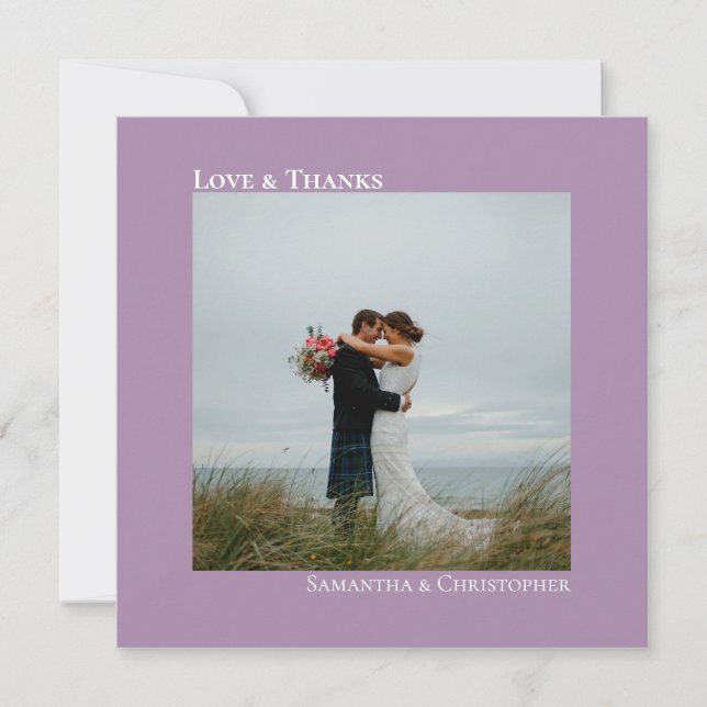 Love & Thanks Minimal Lavender Wedding Photo Note Card (Front)