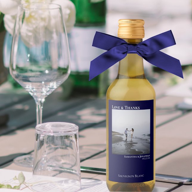 Love & Thanks Minimal Navy Blue Photo Wedding Mini Wine Label (Creator Uploaded)