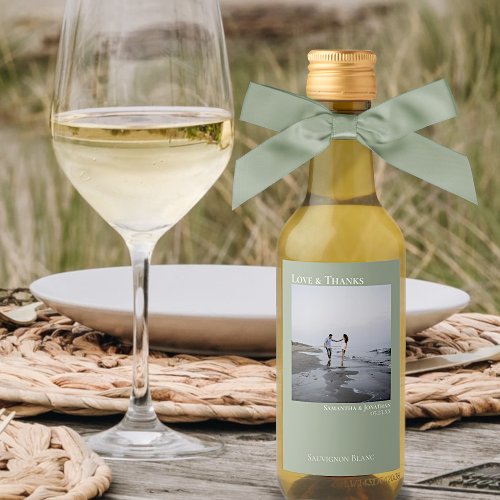 Love Thanks Minimal Sage Green Wedding Photo Mini Wine Label