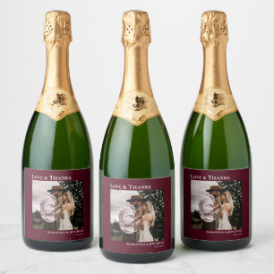 Love & Thanks Minimalist Burgundy Photo Wedding Sparkling Wine Label