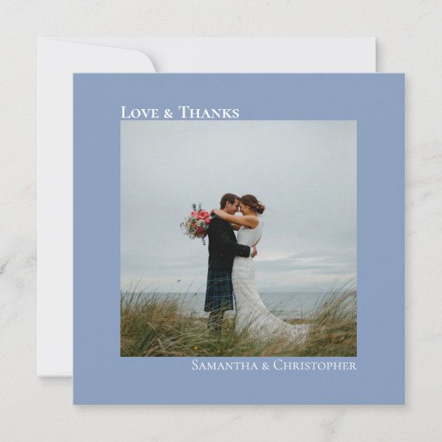 Love & Thanks Minimalist Dusty Blue Wedding Photo Thank You Card (Front)