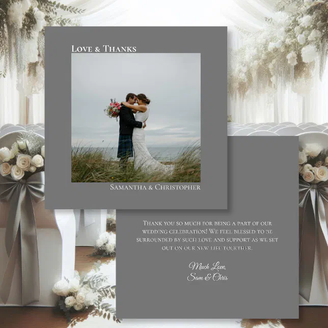 Love & Thanks Minimalist Gray Photo & Note Wedding Thank You Card | Zazzle