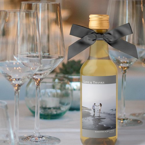 Love  Thanks Minimalist Gray Wedding Photo Mini Wine Label