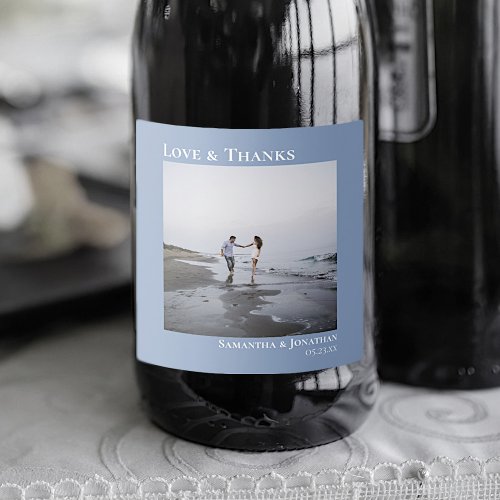 Love  Thanks Minimalist Light Blue Photo Wedding Sparkling Wine Label