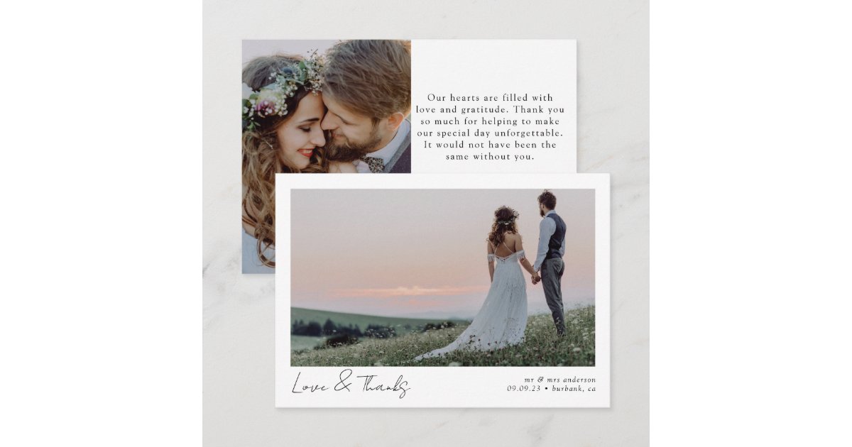 Love & Thanks Minimalist Photo Calligraphy Wedding Thank You Card | Zazzle