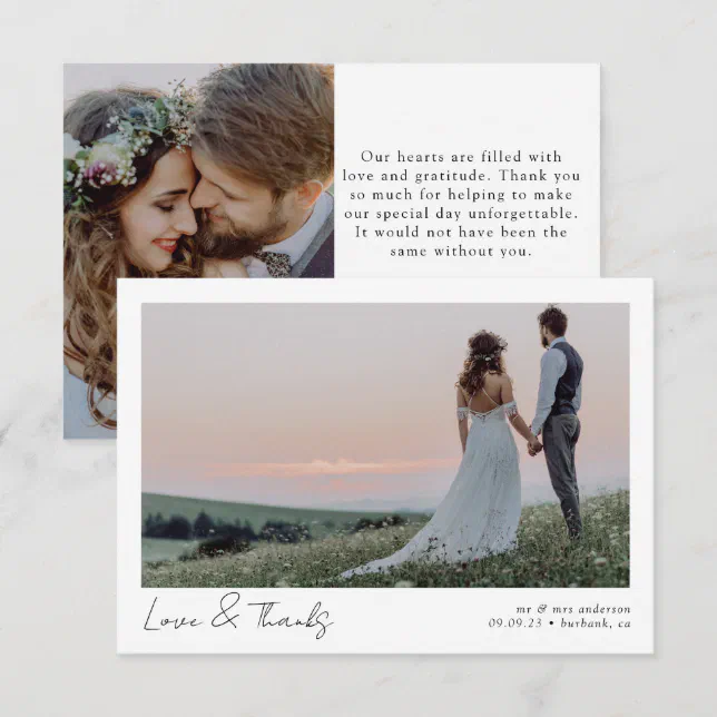 Love & Thanks Minimalist Photo Calligraphy Wedding Thank You Card | Zazzle
