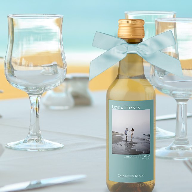 Love & Thanks Minimalist Teal Wedding Photo Mini Wine Label (Creator Uploaded)