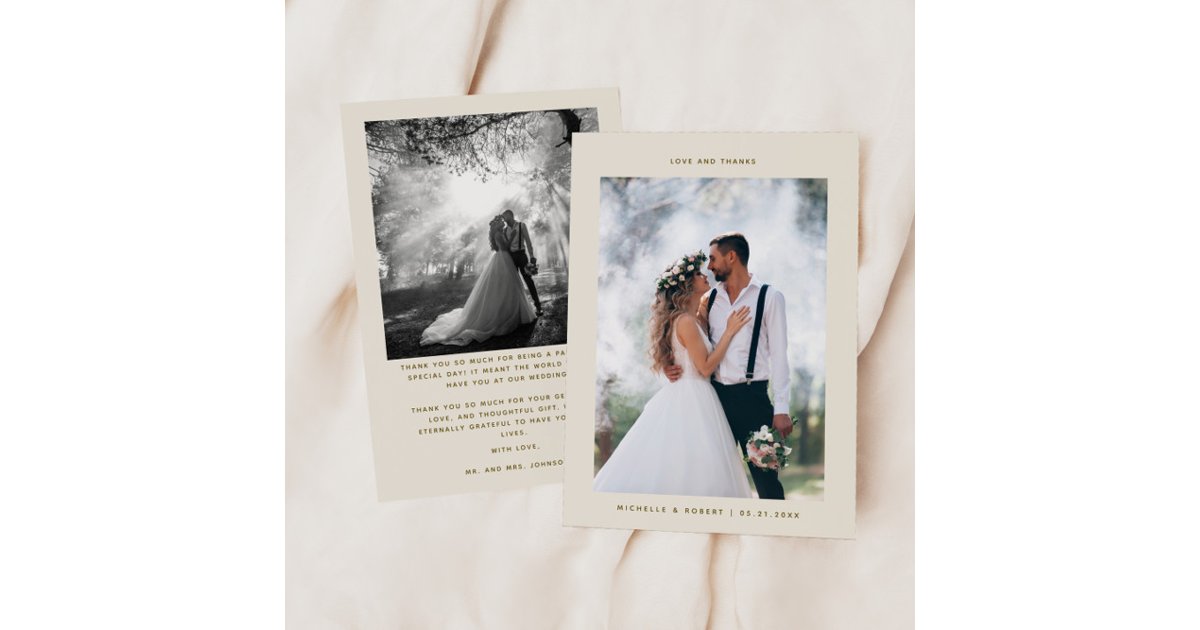 Love & Thanks Minimalist Wedding Photo Cream Thank You Card | Zazzle