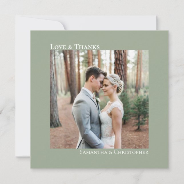 Love & Thanks Minimalist Wedding Photo Sage Green Note Card (Front)