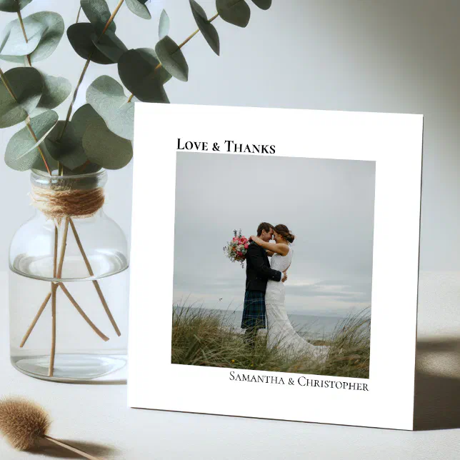 Love & Thanks Minimalist Wedding Photo Thank You Note Card | Zazzle