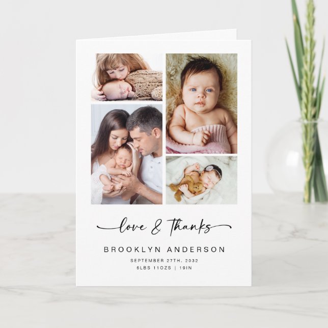 Love & Thanks | Modern Four Photo New Baby Folded  Thank You Card (Front)