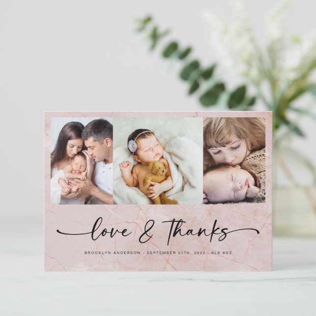 Love & Thanks Modern Four Photo New Baby  Thank You Card (Standing Front)