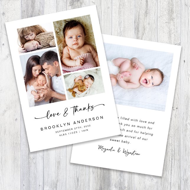 Love & Thanks Modern Four Photo New Baby  Thank You Card (Creator Uploaded)
