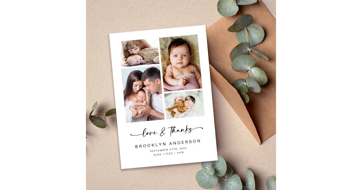 Love & Thanks | Modern Four Photo New Baby Thank You Card | Zazzle