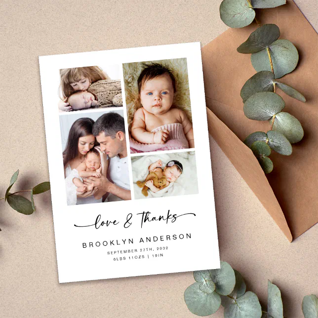 Love & Thanks | Modern Four Photo New Baby Thank You Card | Zazzle