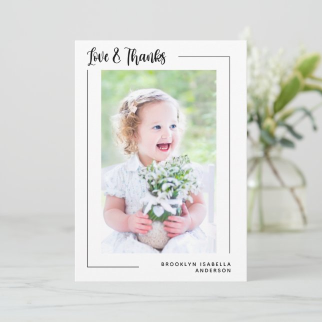 Love & Thanks Modern Photo Baptism Thank You Card (Standing Front)
