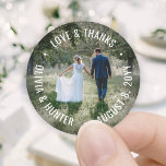 Love & Thanks Modern Photo Wedding Thank You Favor Classic Round Sticker<br><div class="desc">Add a personalized finishing touch to your wedding thank you notes or reception party favors with these round custom photo stickers. Photo and text are simple to customize, so they can easily be used for wedding & bridal shower invitations, save the date cards, and engagement announcements. (IMAGE PLACEMENT TIP: An...</div>