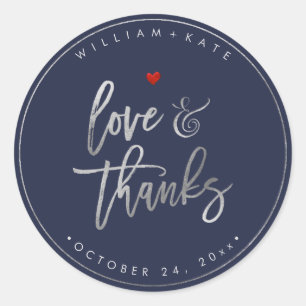 Love+Thanks, Modern Script Silver+Navy Blue Classic Round Sticker