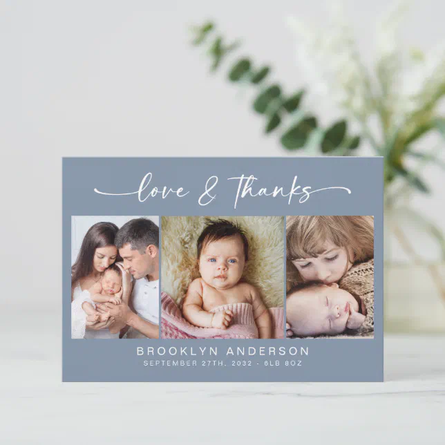 Love & Thanks | Modern Three Photo New Baby Thank You Card | Zazzle
