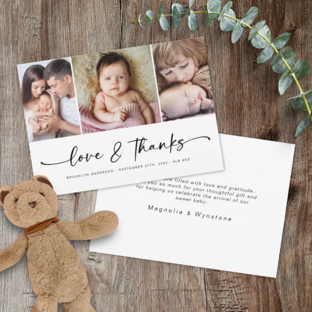 Love & Thanks | Modern Three Photo New Baby Thank You Card | Zazzle