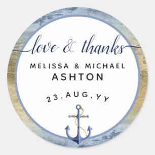 Love & Thanks #Nautical Blue & Gold #Wedding Favor Classic Round Sticker