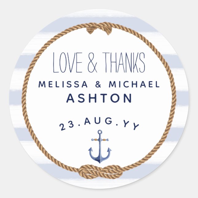 Love & Thanks Nautical Blue & White Wedding Favor Classic Round Sticker (Front)