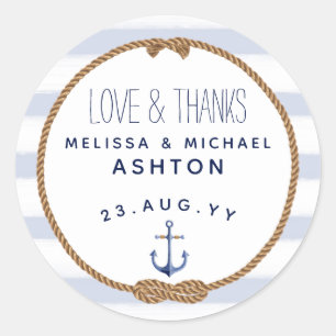 Love & Thanks Nautical Blue & White Wedding Favor Classic Round Sticker
