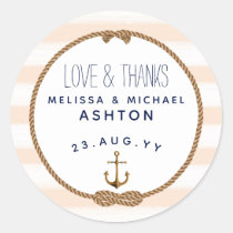 Love &amp; Thanks Nautical Coral &amp; White Wedding Favor Classic Round Sticker