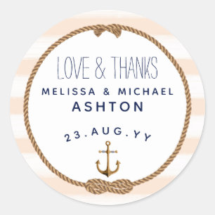 Love & Thanks Nautical Coral & White Wedding Favor Classic Round Sticker