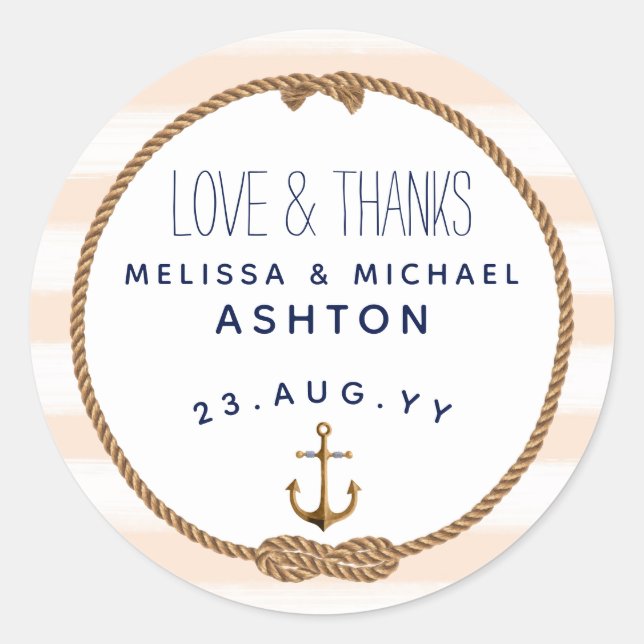 Love & Thanks Nautical Coral & White Wedding Favor Classic Round Sticker (Front)