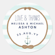 Love &amp; Thanks Nautical Mint &amp; White Wedding Favor Classic Round Sticker