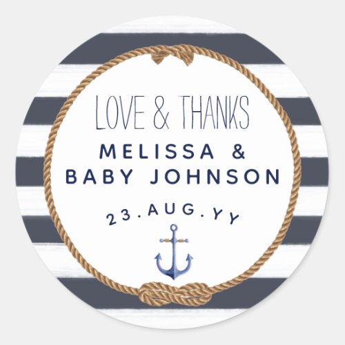 Love  Thanks Nautical Navy Blue Baby Shower Favor Classic Round Sticker
