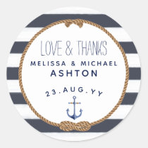 Love &amp; Thanks Nautical Navy Blue Wedding Favor Classic Round Sticker