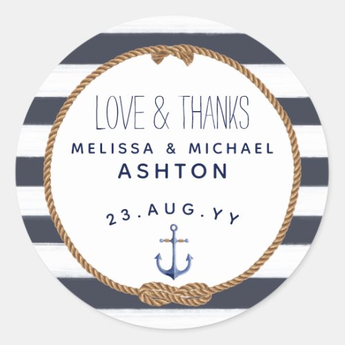 Love  Thanks Nautical Navy Blue Wedding Favor Classic Round Sticker