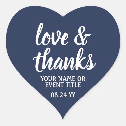 Love  Thanks Navy Blue  White Simple Script Heart Sticker